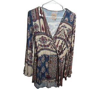 Chaser Blouse Women's XS V-Neck Wrap Boho Printed 3/4 Sleeve Top Shirt